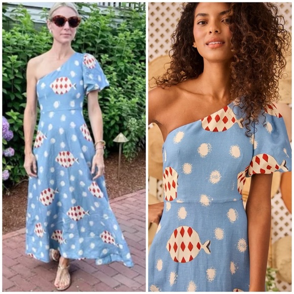 NWT HUNTER BELL CARMEN  One-shoulder Fish Printed Midi Dress SZ US 6 - Picture 3 of 10